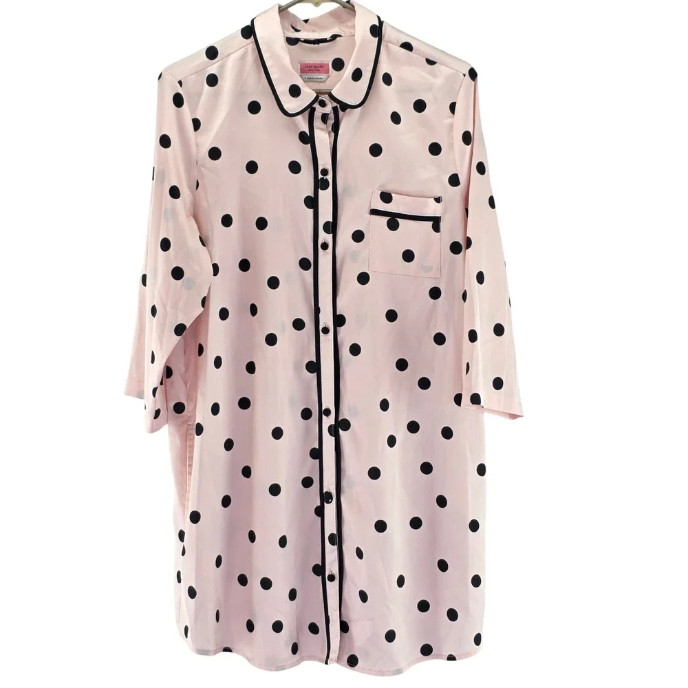 Kate Spade Sleep Shirt Womens Large Pink Polka Dot Satin Button Down Piping 6194